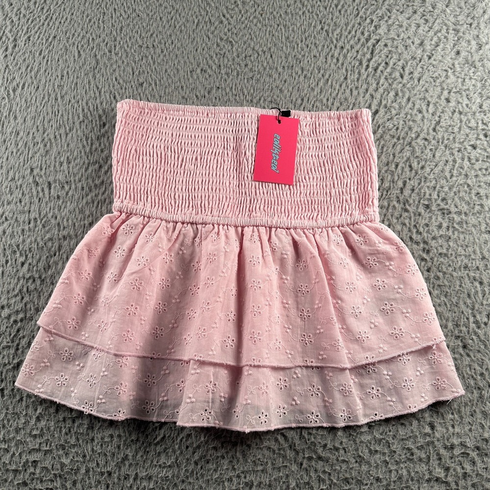 Editked Toria Strapless Top Womens XS Pink Eyelet Tiered Ruffle Hem‎ Smocked NWT